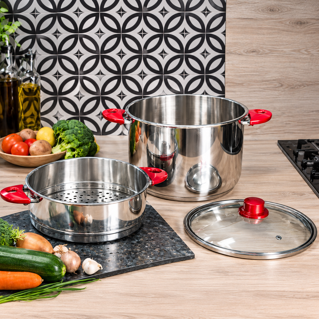 Cuscusera de Acero Inoxidable con Asas Rojas y Tapa de Cristal - De 6 a 16 L