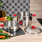 Cuscusera de Acero Inoxidable con Asas Rojas y Tapa de Cristal - De 6 a 16 L