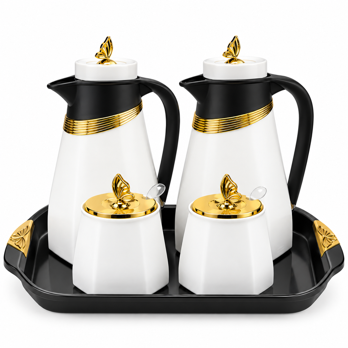 Set de café y té con bandeja, 2 termos y 2 azucareras doradas en beige