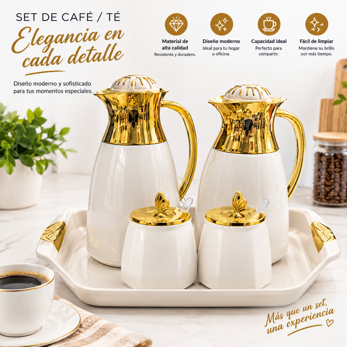 Detalle de la tapa con mariposa dorada del set de café y té