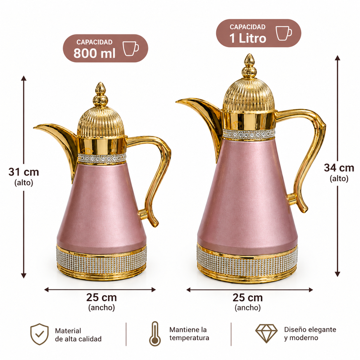 Jarra térmica premium rosa con acabados dorados