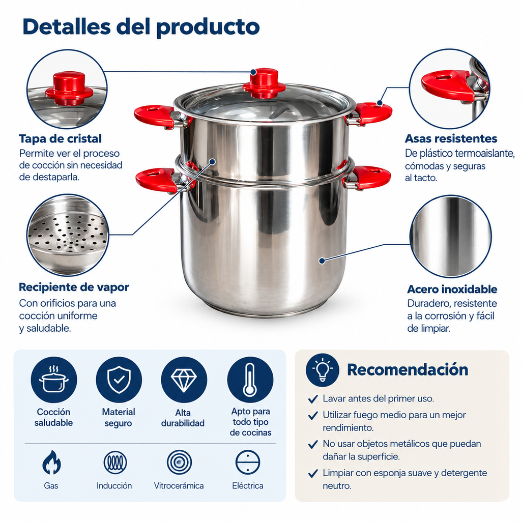 Cuscusera de Acero Inoxidable con Asas Rojas y Tapa de Cristal - De 6 a 16 L