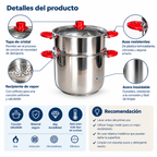 Cuscusera de Acero Inoxidable con Asas Rojas y Tapa de Cristal - De 6 a 16 L
