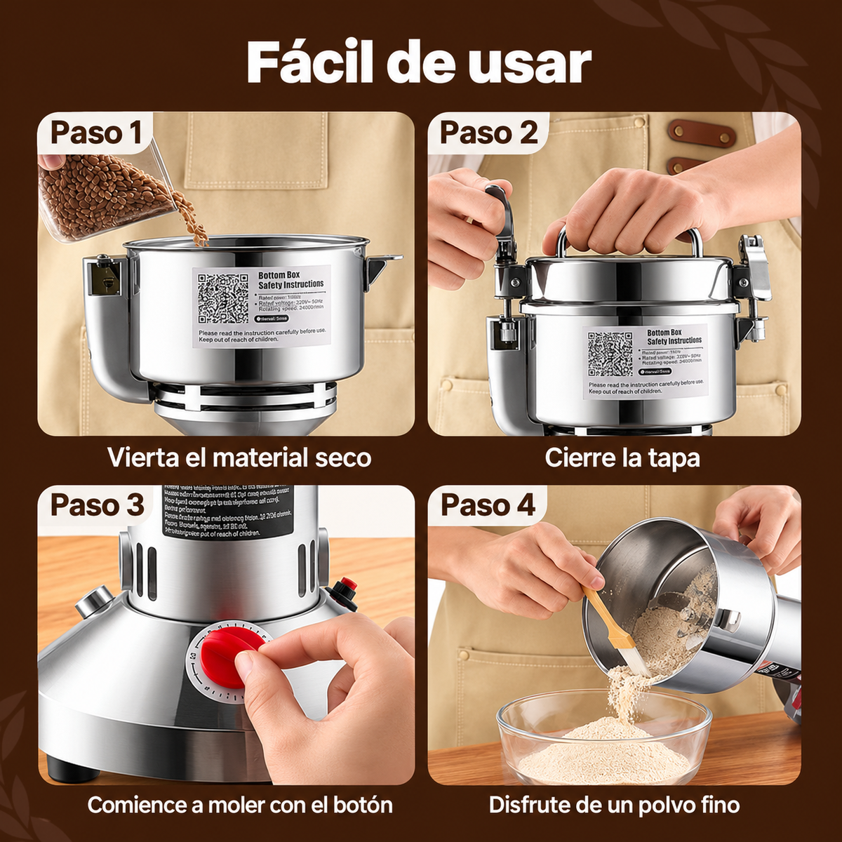Molino Eléctrico de Acero Inoxidable para Cereales, Especias y Café - De 100 g a 1000 g