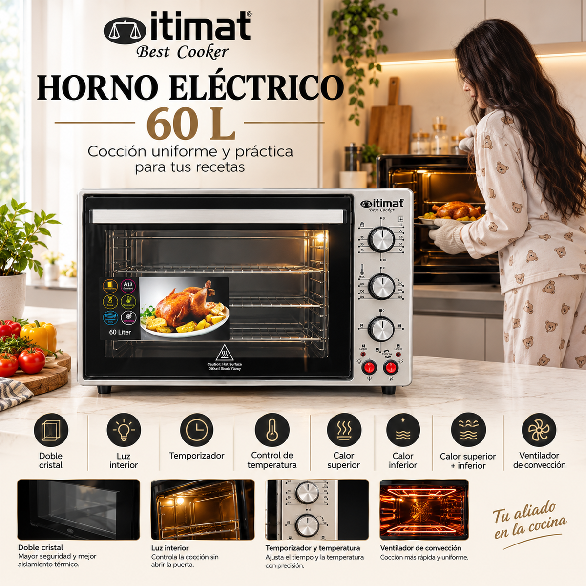 Forno elétrico de bancada itimat de 60 litros numa cozinha