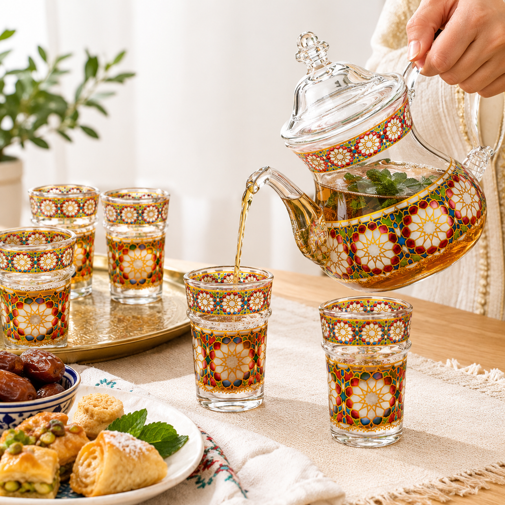Medidas de la tetera y los vasos de té de cristal con mosaico andaluz