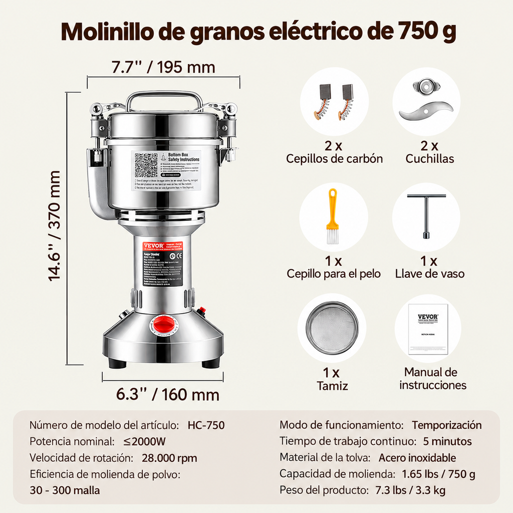 Molino Eléctrico de Acero Inoxidable para Cereales, Especias y Café - De 100 g a 1000 g