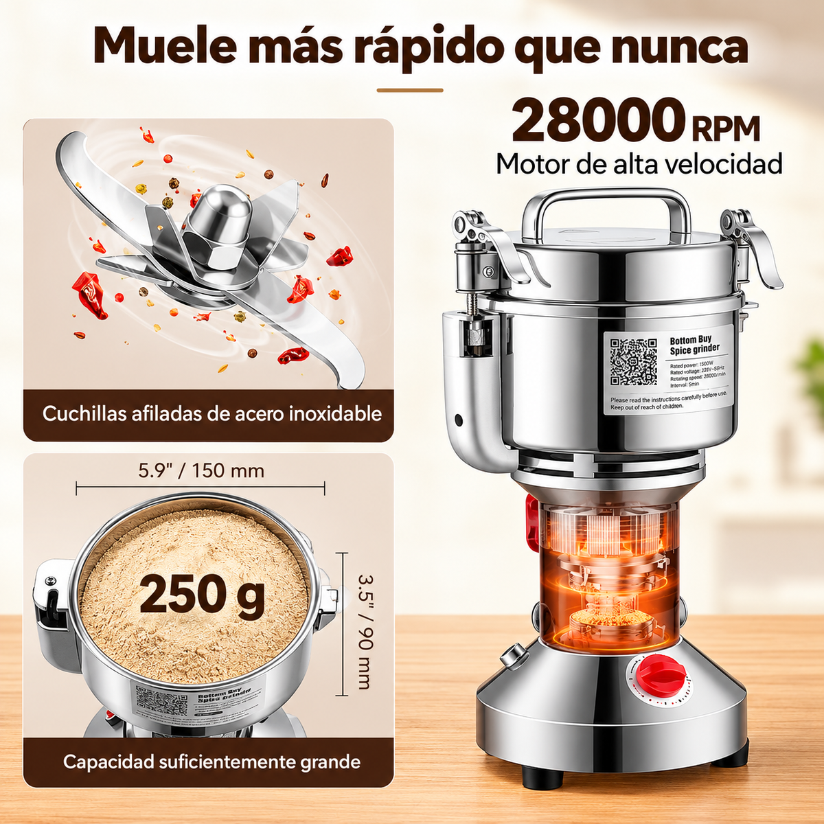 Molino Eléctrico de Acero Inoxidable para Cereales, Especias y Café - De 100 g a 1000 g