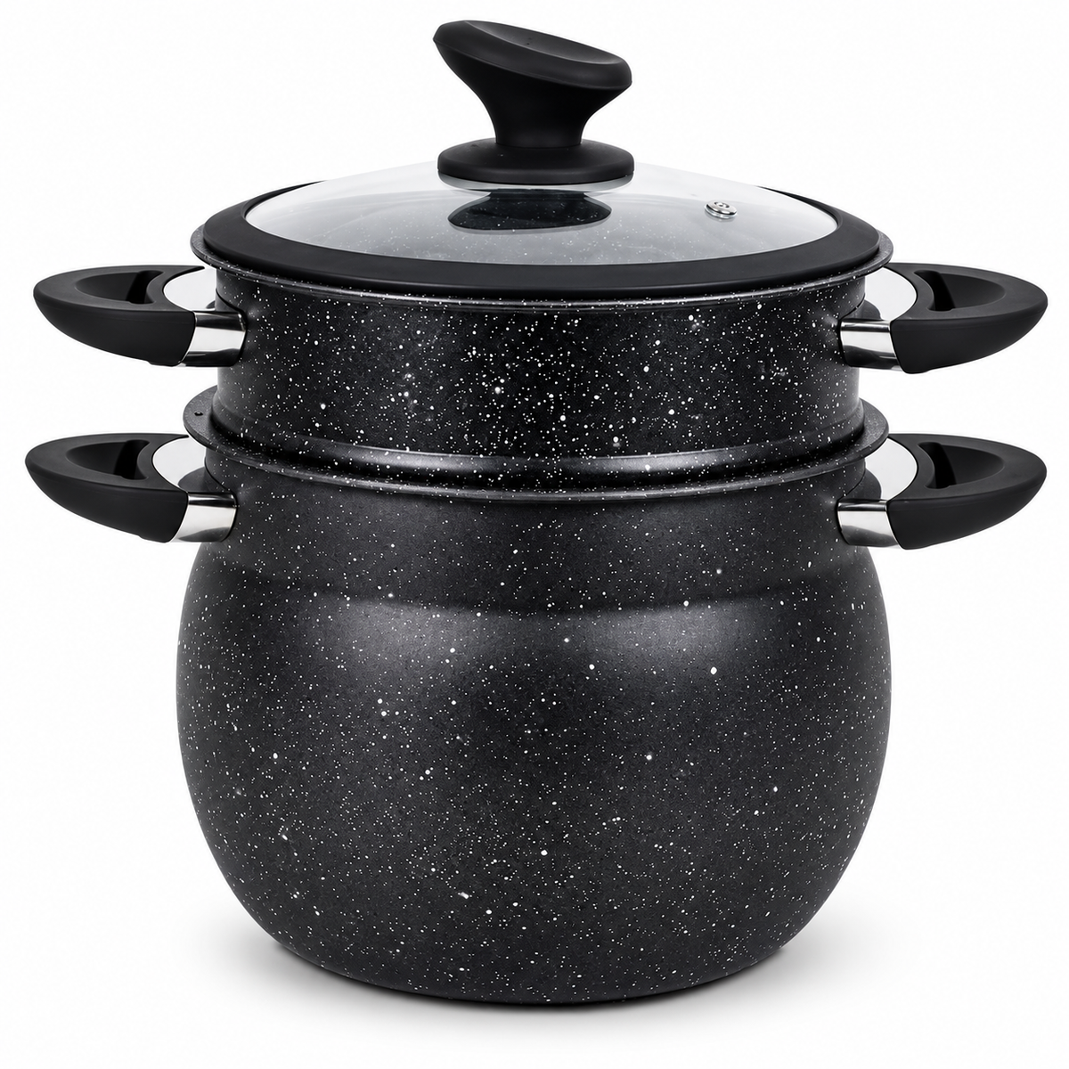 Black speckled-finish couscous steamer with glass lid, 4 to 15 L, konaiko – photo 1