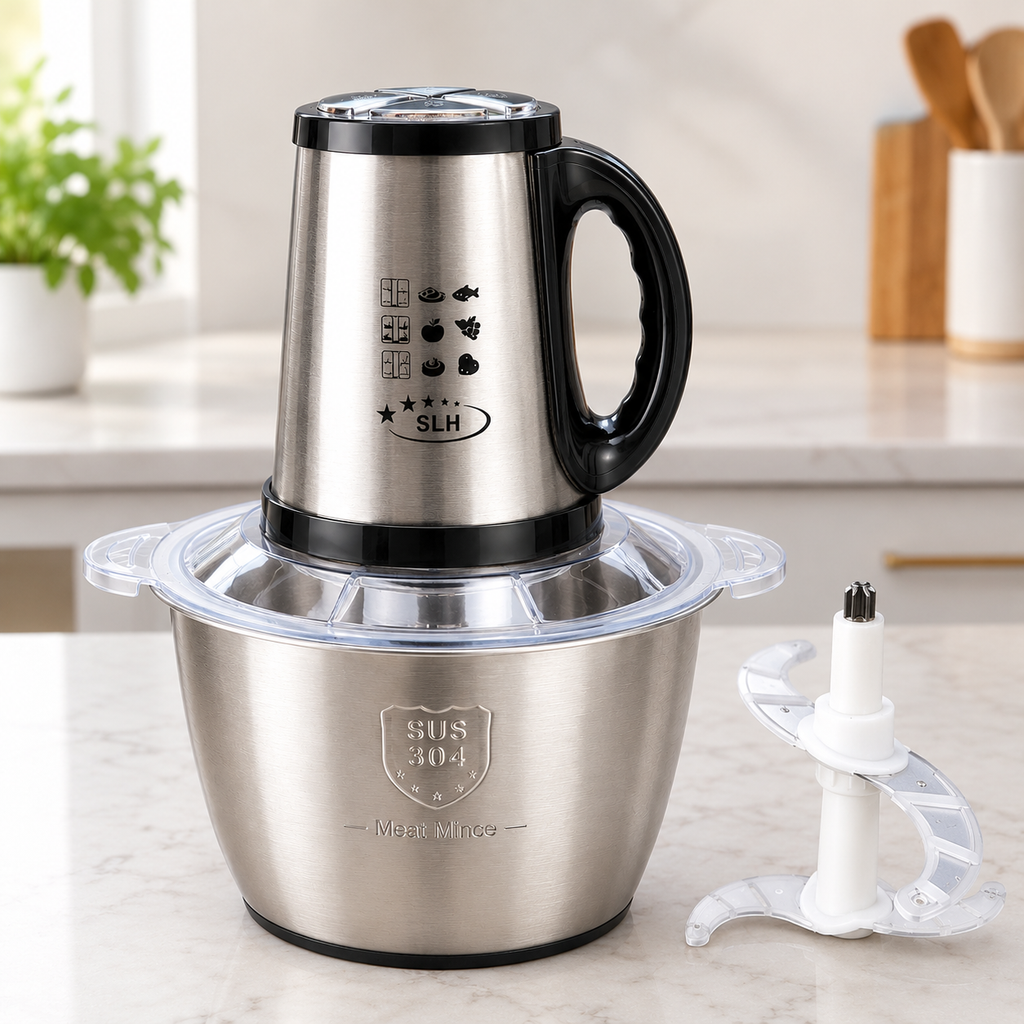 Picadora eléctrica de acero inoxidable en una cocina moderna