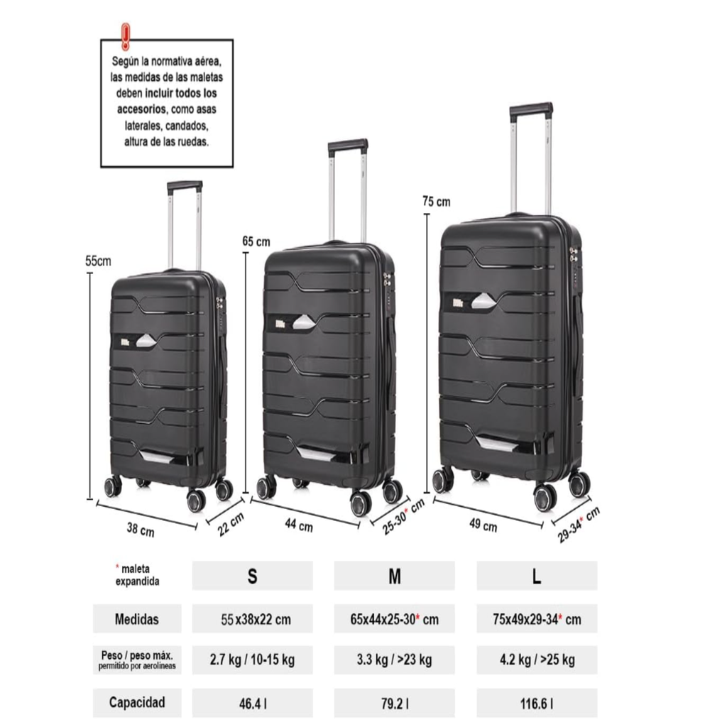 Set de 3 Maletas de Policarbonato con Ruedas 360° - S, M, L
