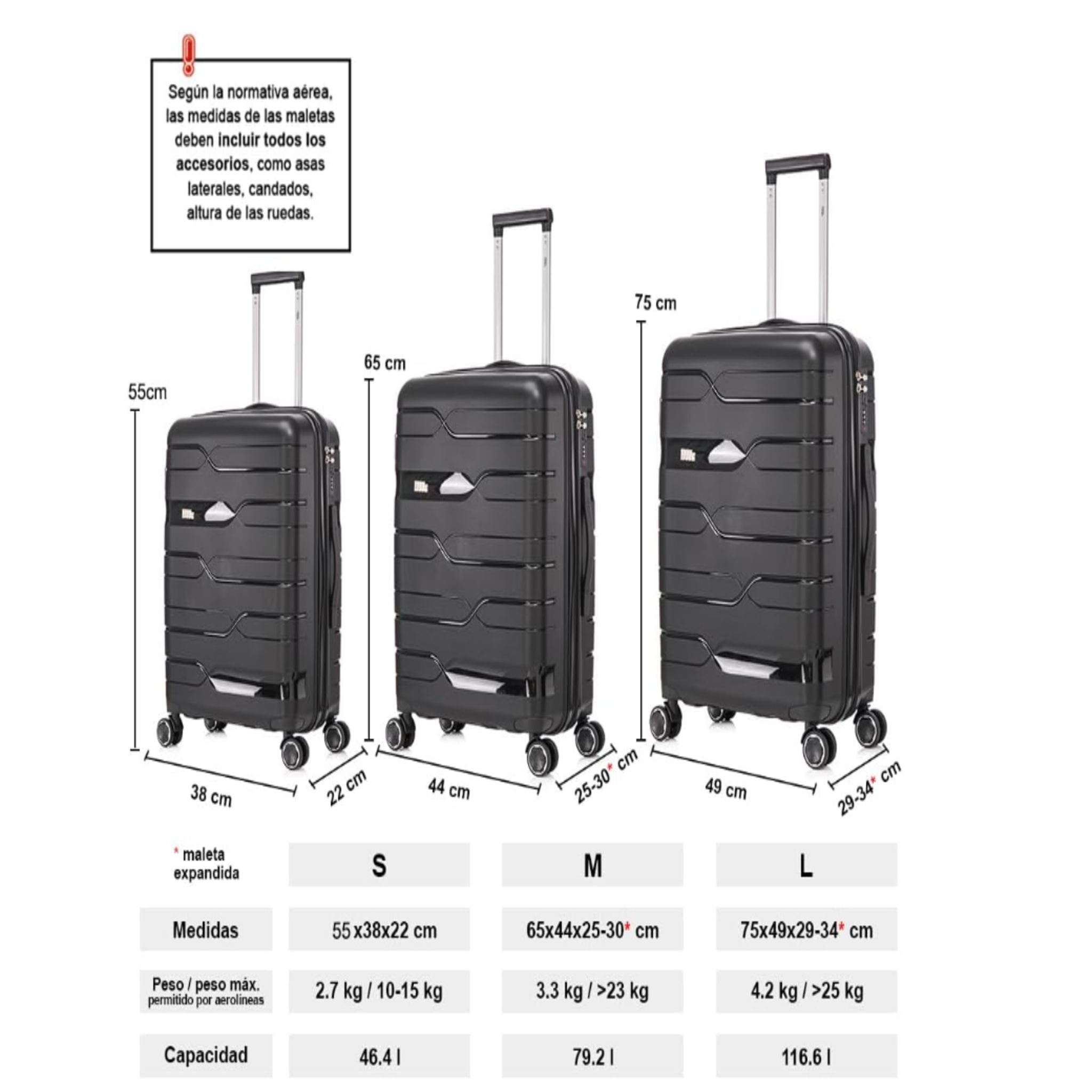 Set de 3 Maletas de Policarbonato con Ruedas 360° - S, M, L
