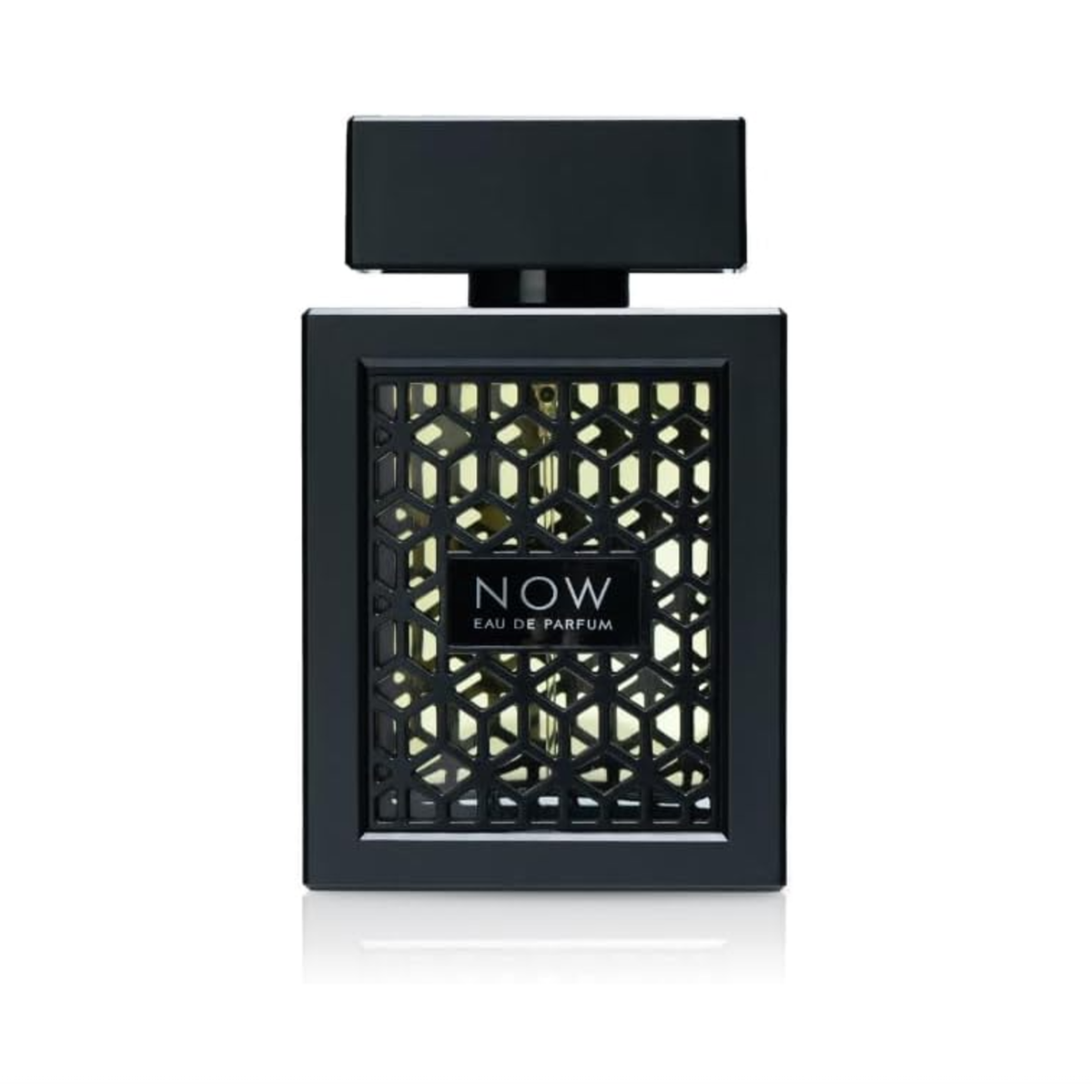Black NOW by RAVE perfume bottle with openwork metal lattice