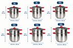 Cuscusera de Acero Inoxidable con Asas Rojas y Tapa de Cristal - De 6 a 16 L