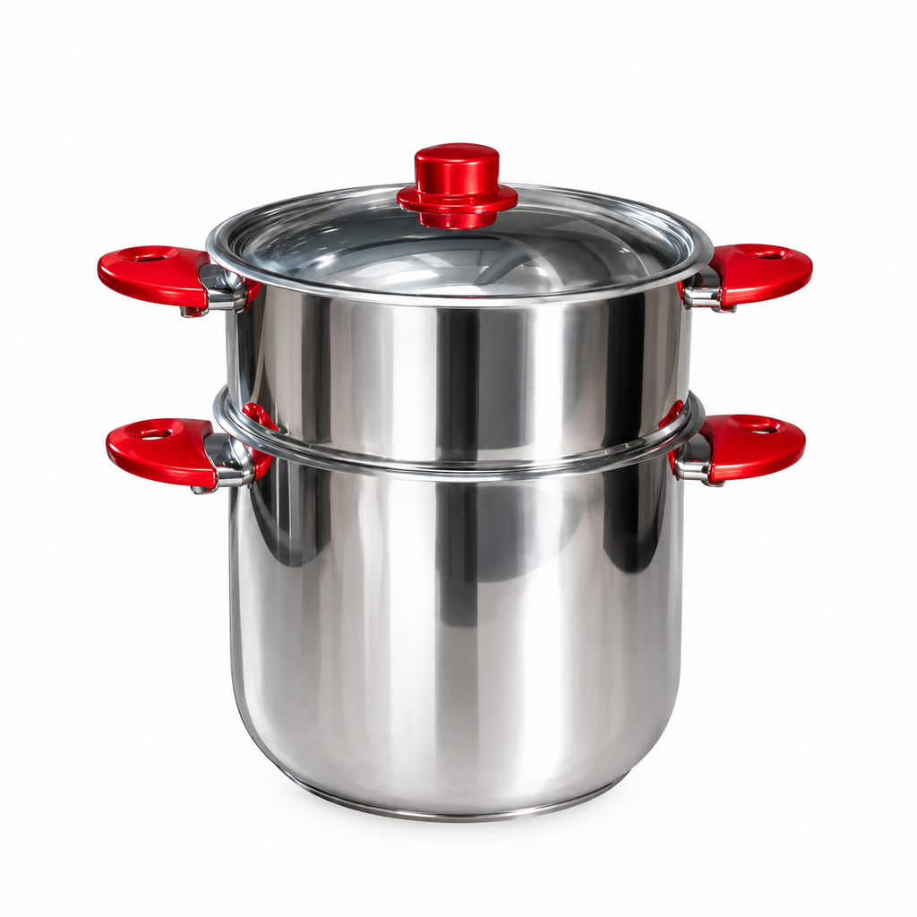 Cuscusera de Acero Inoxidable con Asas Rojas y Tapa de Cristal - De 6 a 16 L