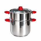 Cuscusera de Acero Inoxidable con Asas Rojas y Tapa de Cristal - De 6 a 16 L