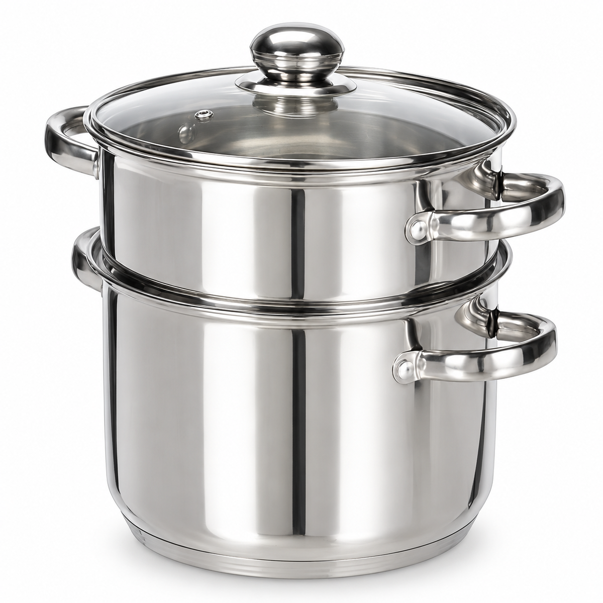 Shiny stainless steel couscous steamer with glass lid