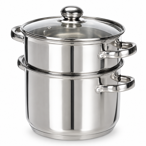 Shiny stainless steel couscous steamer with glass lid