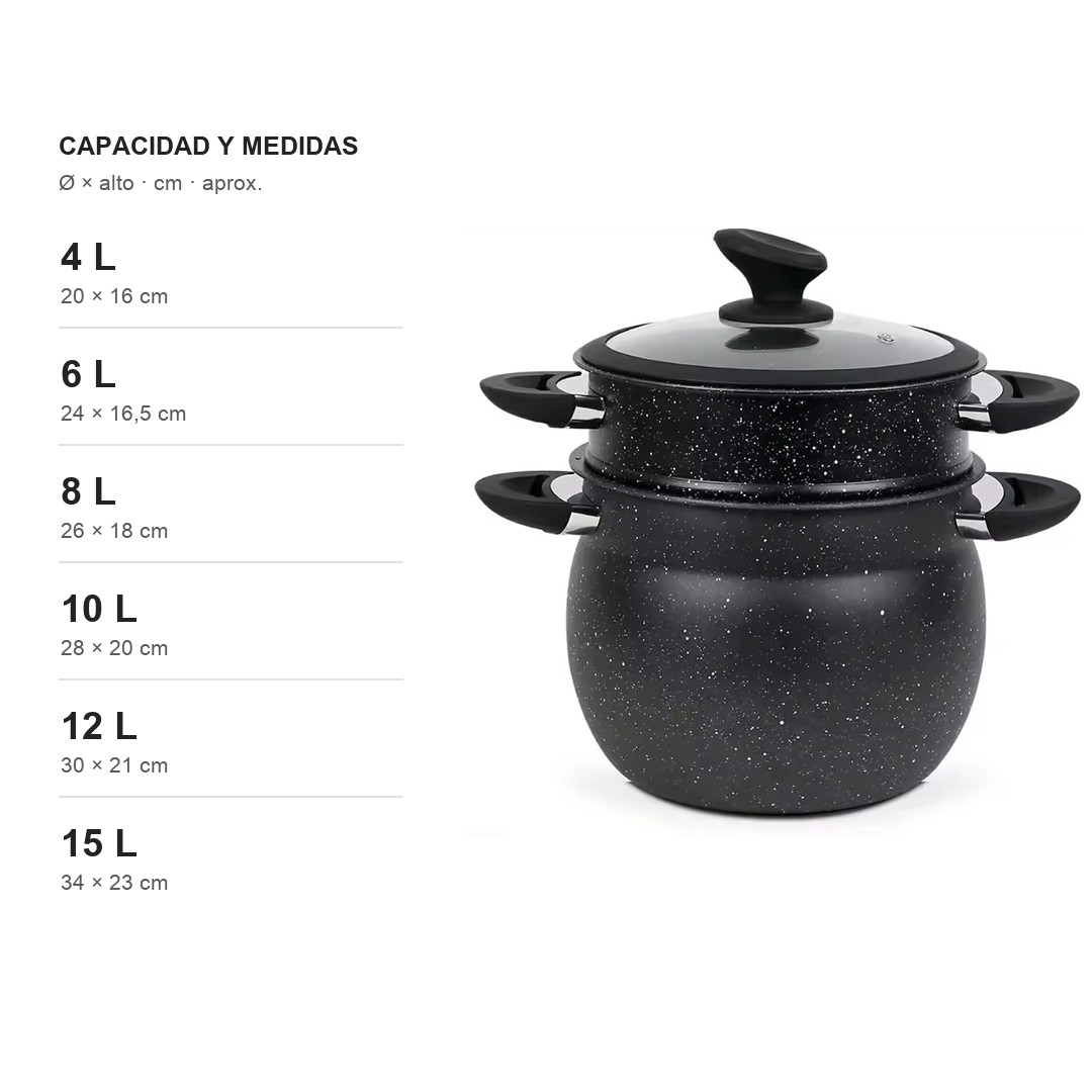 Black speckled-finish couscous steamer with glass lid, 4 to 15 L, konaiko – photo 2