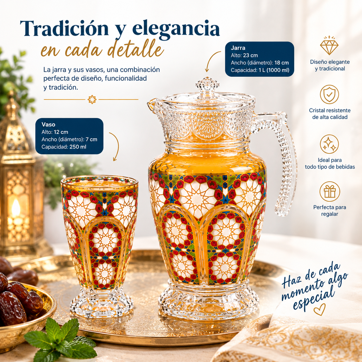 Vasos de cristal con diseño de mosaico andaluz a juego con la jarra