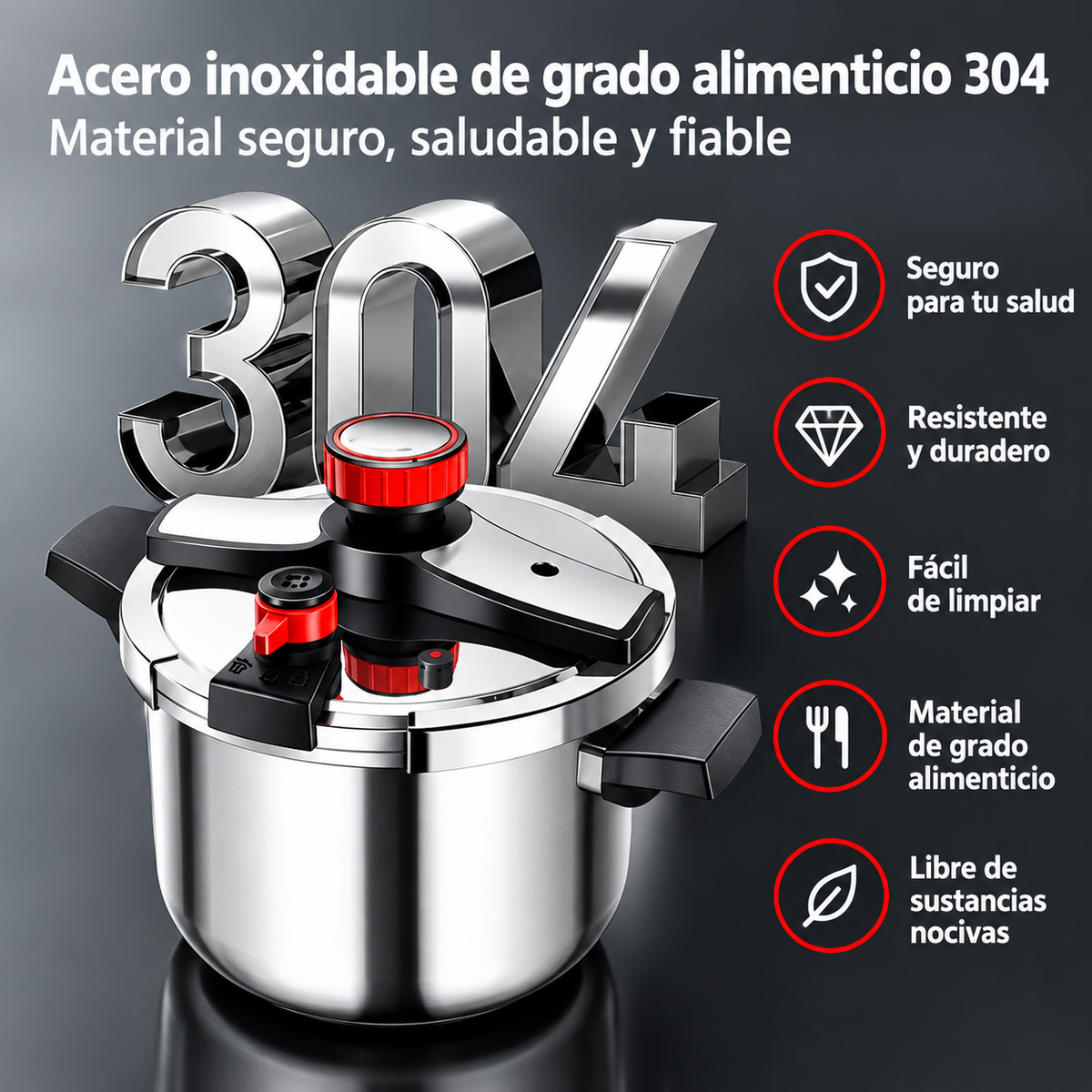 Detalle del acero inoxidable 304 de grado alimenticio de la olla a presión