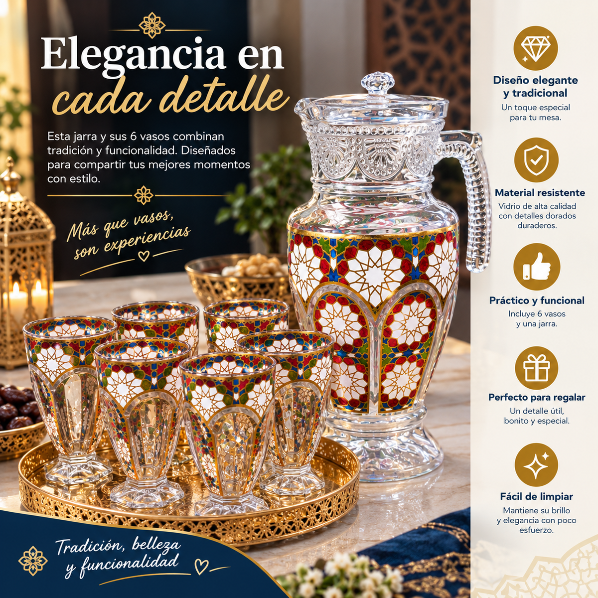 Set completo de jarra y 6 vasos de cristal con mosaico andaluz