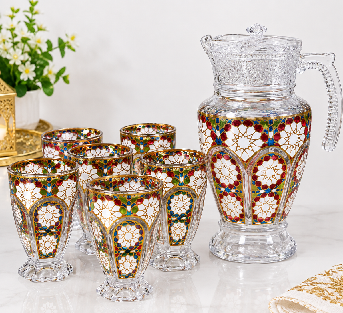 Jarra de cristal con mosaico andaluz dorado, rojo, azul y verde