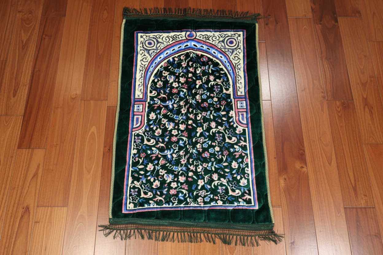 Alfombra de oración verde con diseño floral